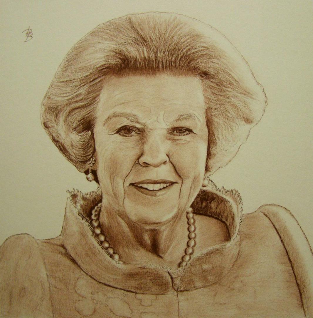portret van Koningin Beatrix, aangemeld bij Beeld van Beatrix, ter gelegeheid van de 75e verjaardag van Koningin Beatrix, tekening in Sepia potlood