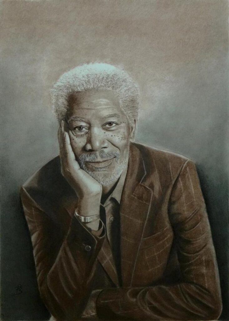 portrettekening van Morgan Freeman, getekend met in "Morgan Freeman style": Sepia en Houtskool om het mooiste resultaat te behalen.