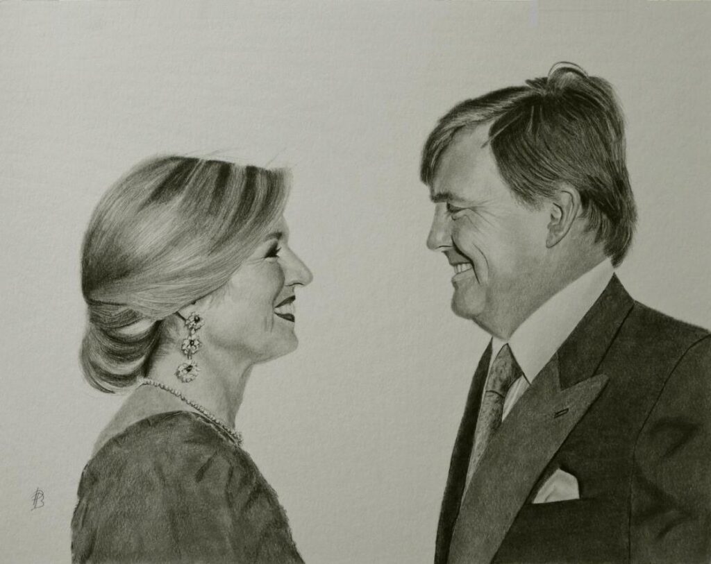 Portretten van Willem en Maxima in een vrolijke pose in grafiet