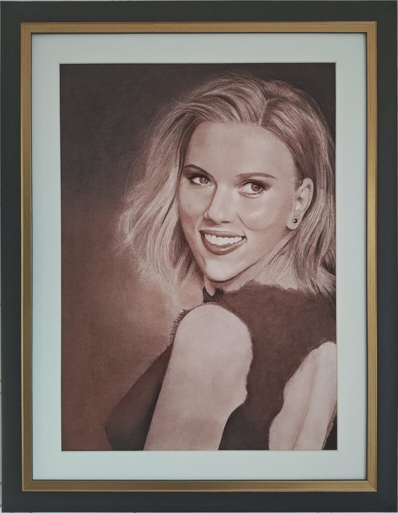 Scarlet Johansson portret, tekening in Old Dutch style met Sepia en Houtskool